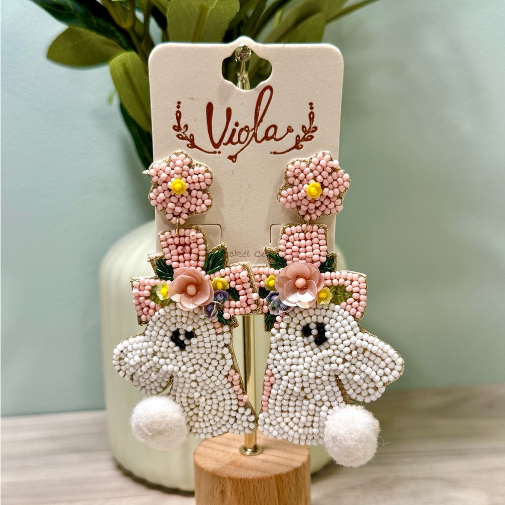 Viola White and Pink Beaded Easter Bunny Earrings
